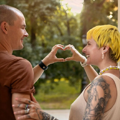 Homeowners forming hand heart after selling his property